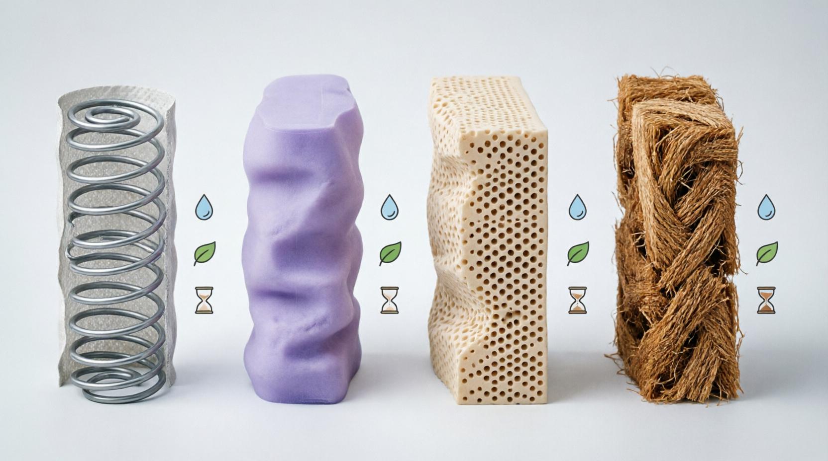 Схема материалов наполнителей матрасов: пружины, мемори-пена, латекс, кокосовая койра