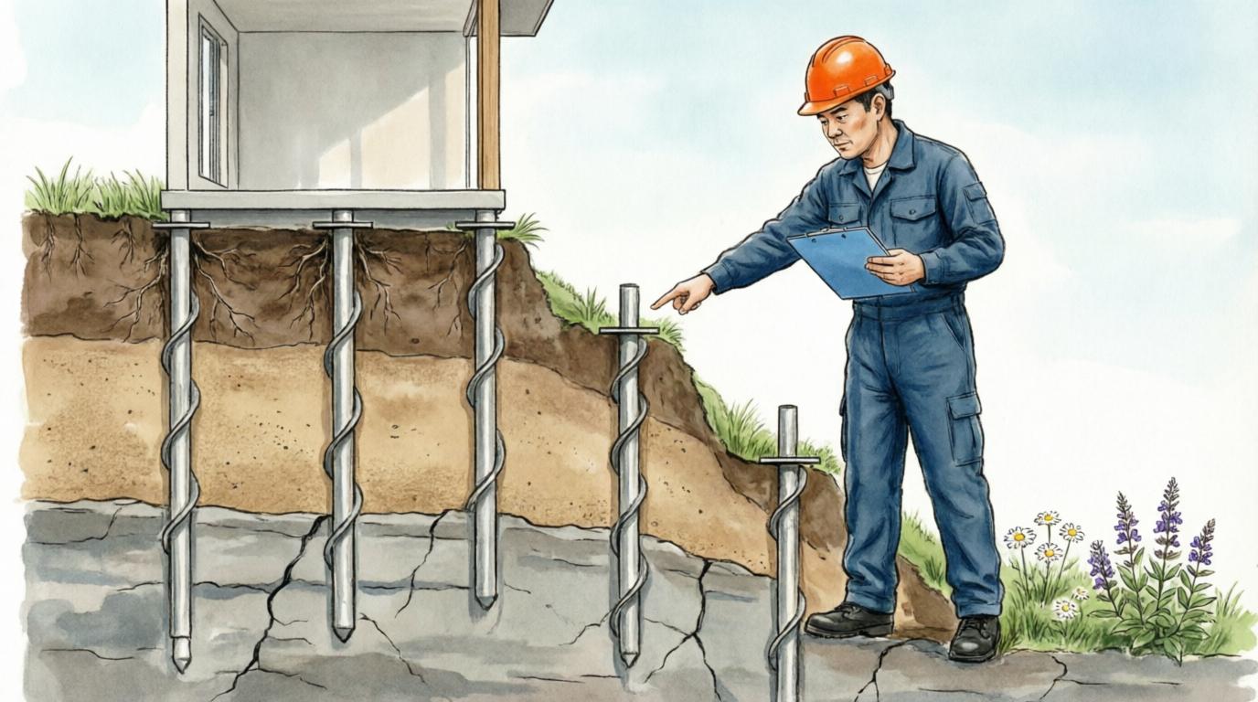 Ступенчатый свайный фундамент на склоне — инженер контролирует установку винтовых свай разной длины согласно рельефу участка